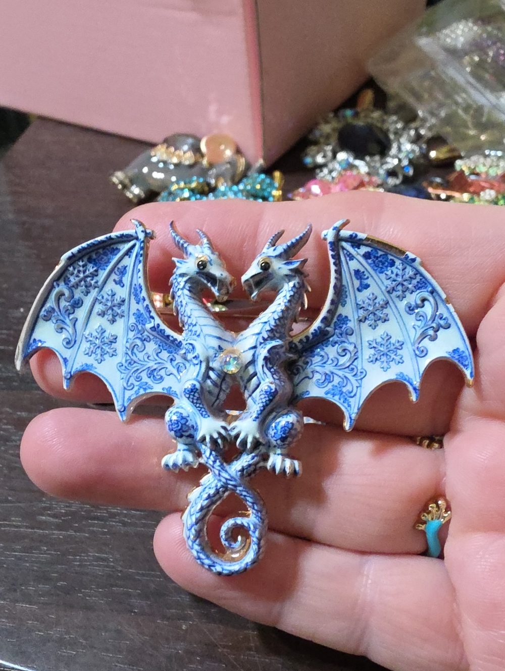 A118- Blue Porcelain Double Dragon Brooch Pin